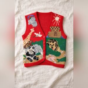 Vintage Heirlooms Noah's Ark Whimsy Cottagecore Hand Knit Vest, Medium